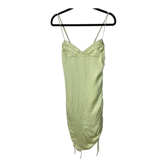 NEW ZARA Blogger Favorite Ruched Gathered Satin Effect Mini Dress in Lime Green - Picture 3 of 7